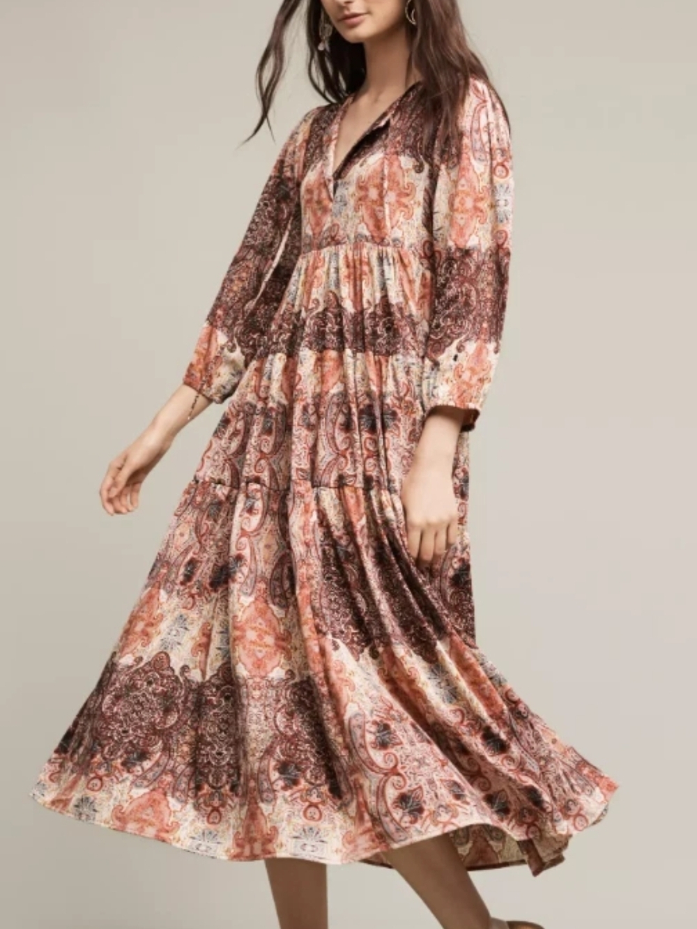 Anthropologie Ragu Paisley Print Pink Motif Tiered Maxi Dress Tassels Size M - Picture 1 of 16